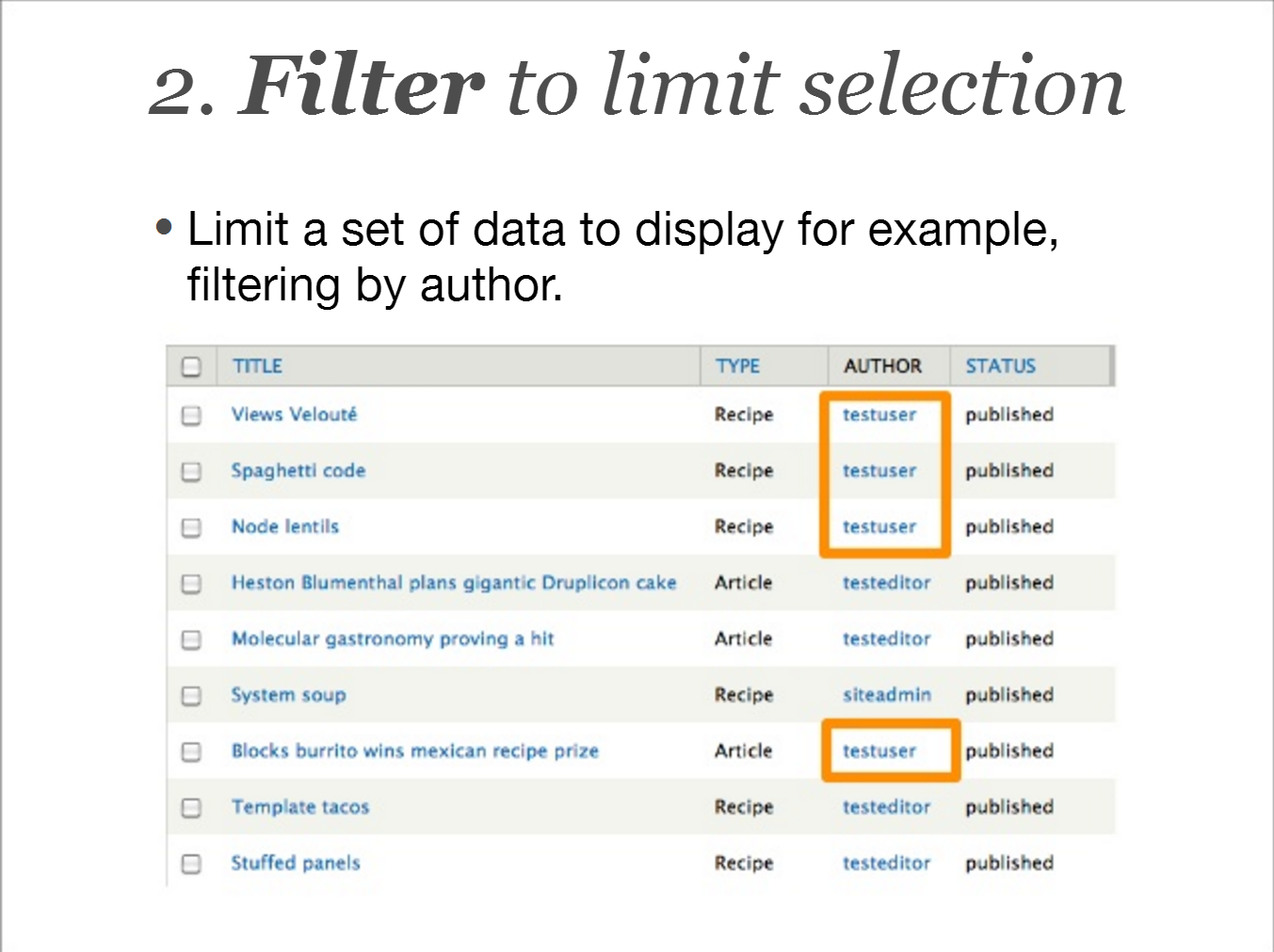 filters to limit selecttion